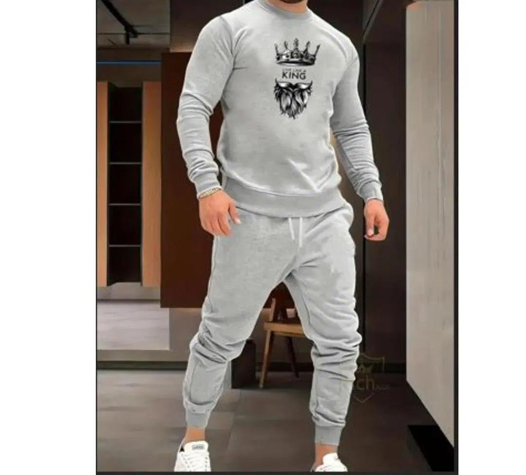 Men's Fleece Printed Sweatshirt Track Suit - 2 Pcs in Grey Saahar's