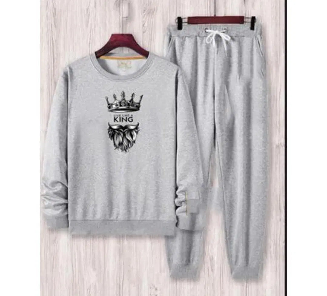 Men's Fleece Printed Sweatshirt Track Suit - 2 Pcs in Grey Saahar's